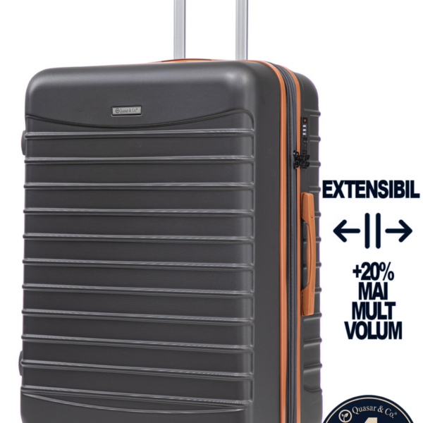Troler mare extensibil Quasar & Co.®, 77x53x32-37cm, bagaj de cala, troller avion cu fermoar antifurt, cifru, maner telescopic, geamantan cu 4 roti duble silentioase 360°, valiza ABS 2.8 mm, 2 compartimente cu buzunar, LINE, gri/maro 2 Troler mare extensibil Quasar & Co.®, 77x53x32-37cm, bagaj de cala, troller avion cu fermoar antifurt, cifru, maner telescopic, geamantan cu 4 roti duble silentioase 360°, valiza ABS 2.8 mm, 2 compartimente cu buzunar, LINE, gri/maro