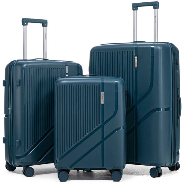 Set 3 trolere Quasar & Co.®, S/M/L, cabina/cala, valize cu fermoar antifurt, bagaje cu cifru, maner telescopic, geamantane cu 4 roti duble silentioase 360°, Mediu-Mare-extensibile, PP, cate 2 compartimente cu buzunar, AERO, albastru petrol Set 3 trolere 2026-04-18