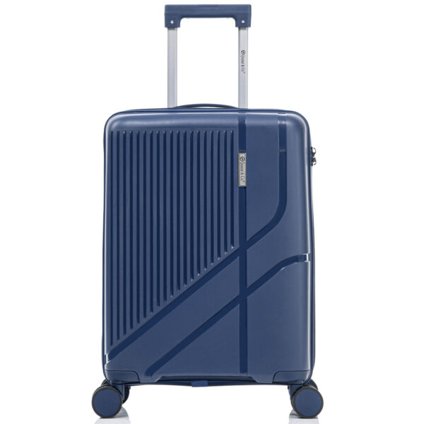 Troler cabina avion Quasar & Co.®, 56x37x23cm, bagaj de mana, troller cu cifru, maner telescopic lung, geamantan cu 4 roti duble silentioase 360°, valiza PP, rezistent, 2 compartimente cu buzunar, 10kg, AERO, bleumarin