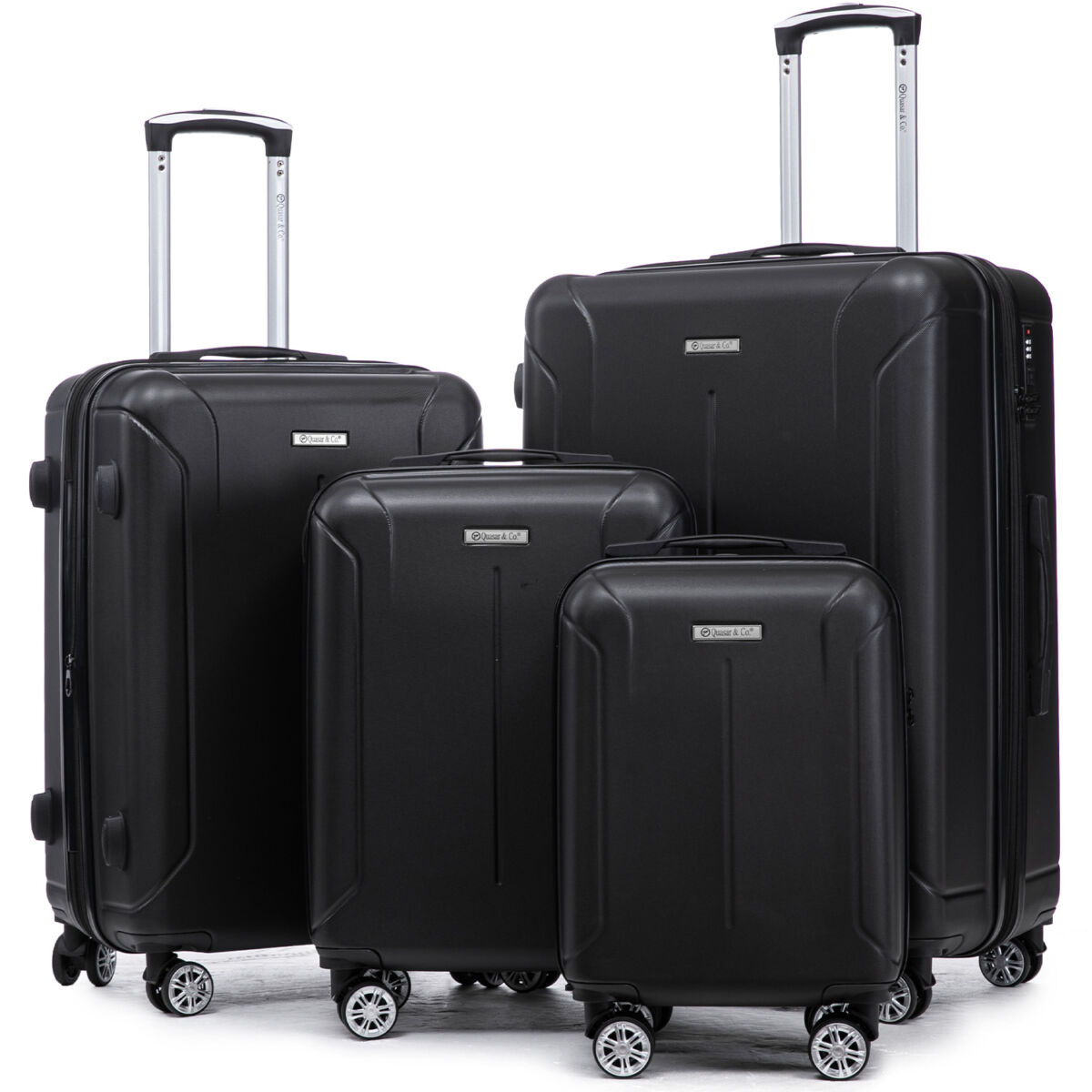 Set 4 trolere Quasar & Co.®, XS/S/M/L, valize cu fermoar antifurt, bagaje mana/cala, cu cifru, maner telescopic, geamantane cu 4 roti duble silentioase 360°, ABS, cate 2 compartimente cu buzunar, SMART, negru 2 Set 4 trolere Quasar & Co.®, XS/S/M/L, valize cu fermoar antifurt, bagaje mana/cala, cu cifru, maner telescopic, geamantane cu 4 roti duble silentioase 360°, ABS, cate 2 compartimente cu buzunar, SMART, negru 2