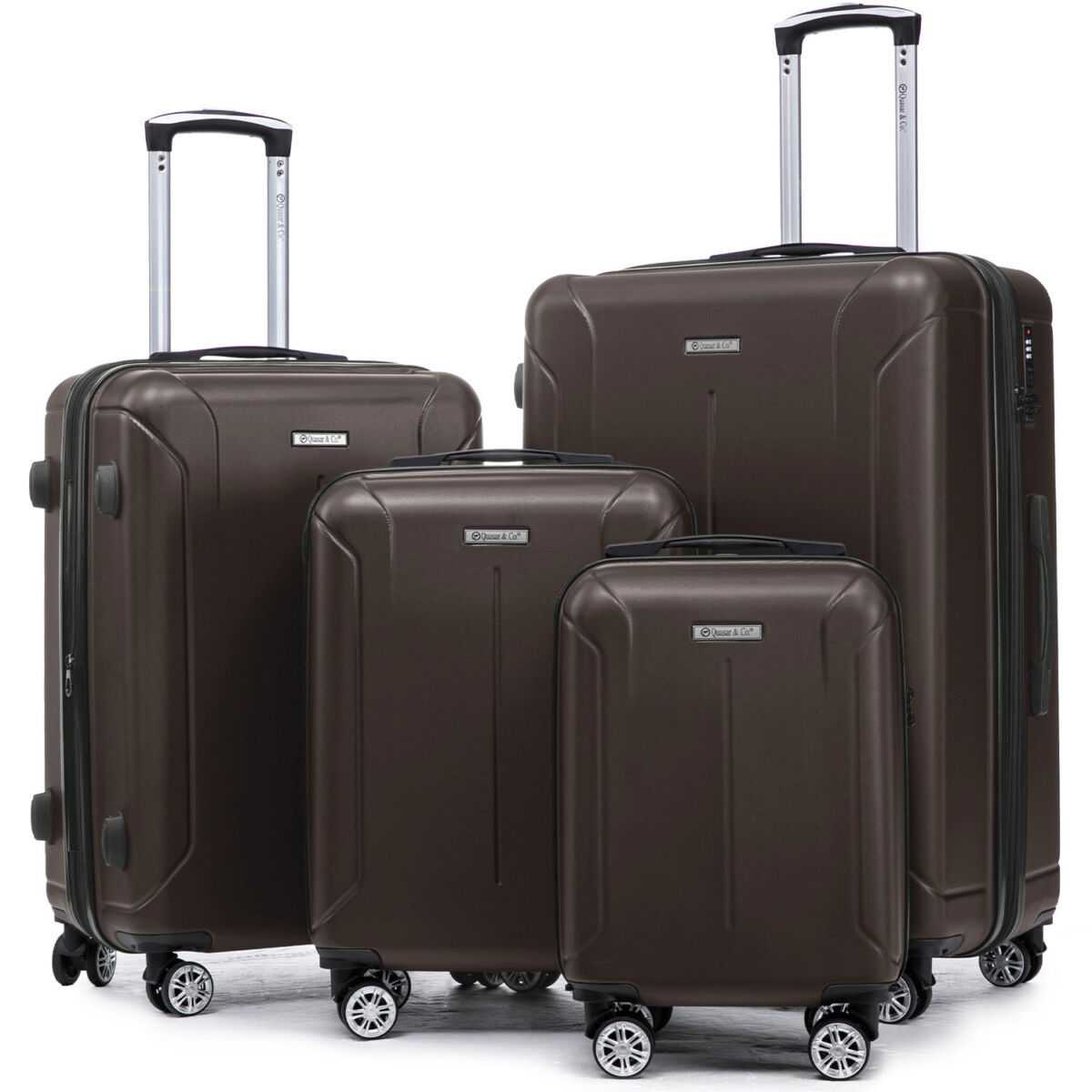 Set 4 trolere Quasar & Co.®, XS/S/M/L, valize cu fermoar antifurt, bagaje mana/cala, cu cifru, maner telescopic, geamantane cu 4 roti duble silentioase 360°, ABS, cate 2 compartimente cu buzunar, SMART, dark coffee 2