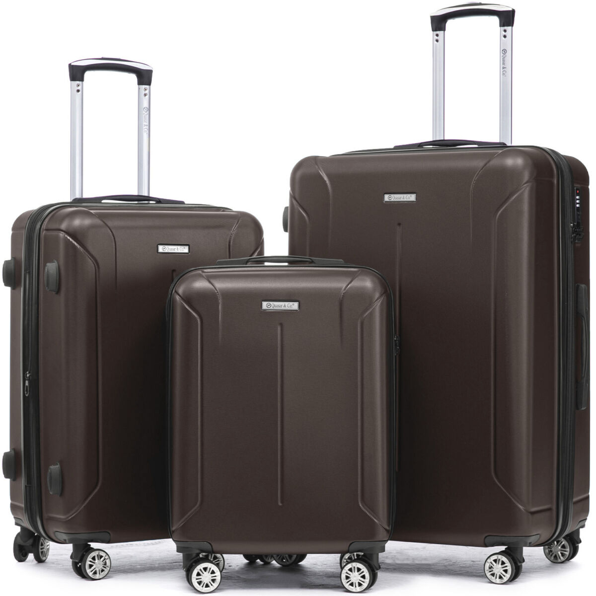 Set 3 trolere Quasar & Co.®, S/M/L, valize cu fermoar antifurt, bagaje cu cifru, maner telescopic, geamantane cu 4 roti duble silentioase 360°, ABS 2.8 mm extradur, captuseala buretata, cate 2 compartimente cu buzunar, SMART, dark coffee 3