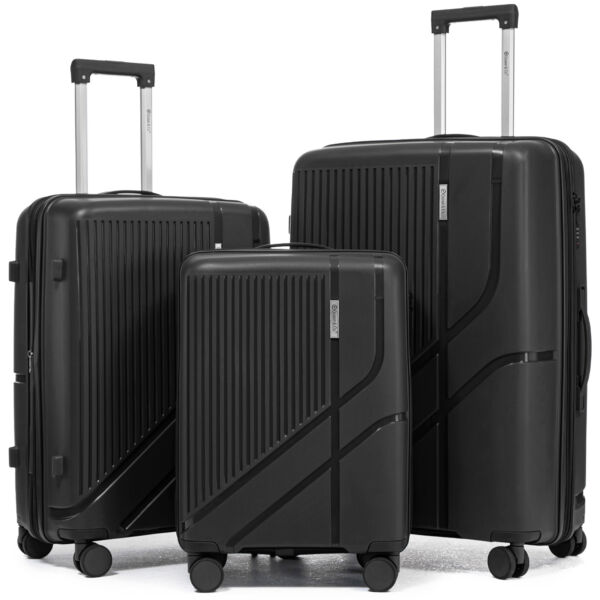 Set 3 trolere Quasar & Co.®, S/M/L, cabina/cala, valize cu fermoar antifurt, bagaje cu cifru, maner telescopic, geamantane cu 4 roti duble silentioase 360°, Mediu-Mare-extensibile, PP, cate 2 compartimente cu buzunar, AERO, negru Set 3 trolere 2026-04-18