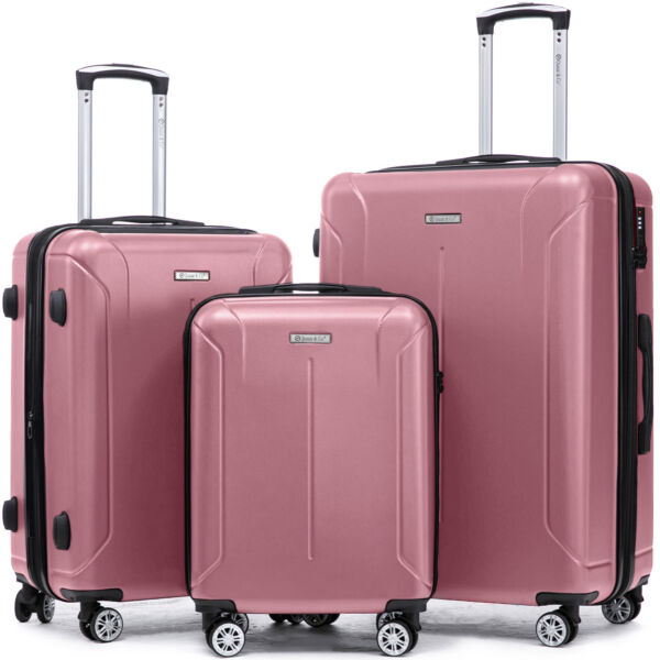 Set 3 trolere Quasar & Co.®, S/M/L, valize cu fermoar antifurt, bagaje cu cifru, maner telescopic, geamantane cu 4 roti duble silentioase 360°, ABS 2.8 mm extradur, captuseala buretata, cate 2 compartimente cu buzunar, SMART, roz pudrat Set 3 trolere 2026-04-18