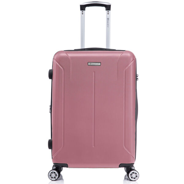 Troler mediu extensibil Quasar & Co.®, 66.5x45x28-33cm, bagaj de cala, troller avion cu fermoar antifurt, cifru, maner telescopic, geamantan cu 4 roti duble silentioase 360°, valiza ABS 2.8 mm, 2 compartimente cu buzunar, SMART, roz pudrat Trolere medii 2026-04-18