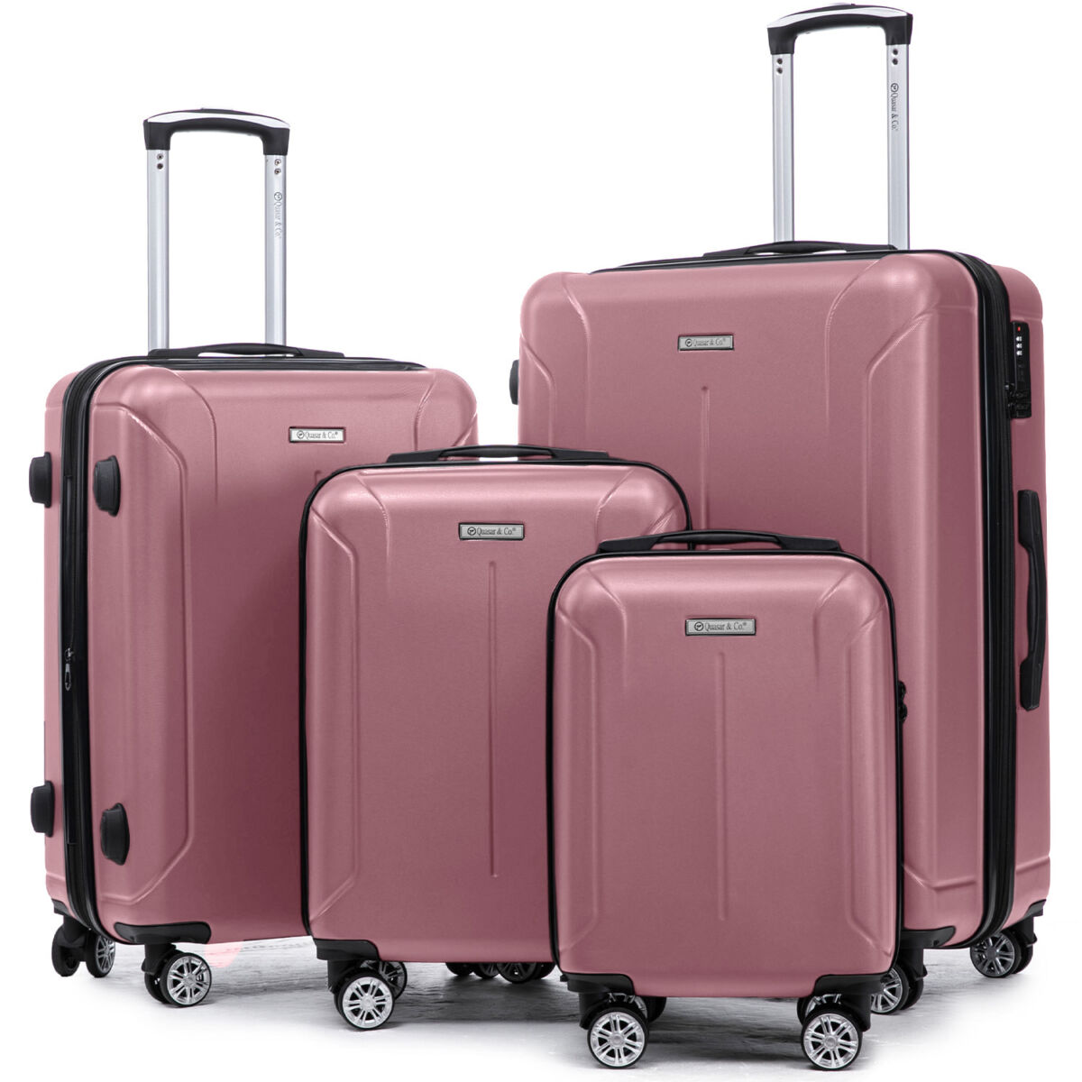 Set 4 trolere Quasar & Co.®, XS/S/M/L, valize cu fermoar antifurt, bagaje mana/cala, cu cifru, maner telescopic, geamantane cu 4 roti duble silentioase 360°, ABS, cate 2 compartimente cu buzunar, SMART, roz pudrat 2