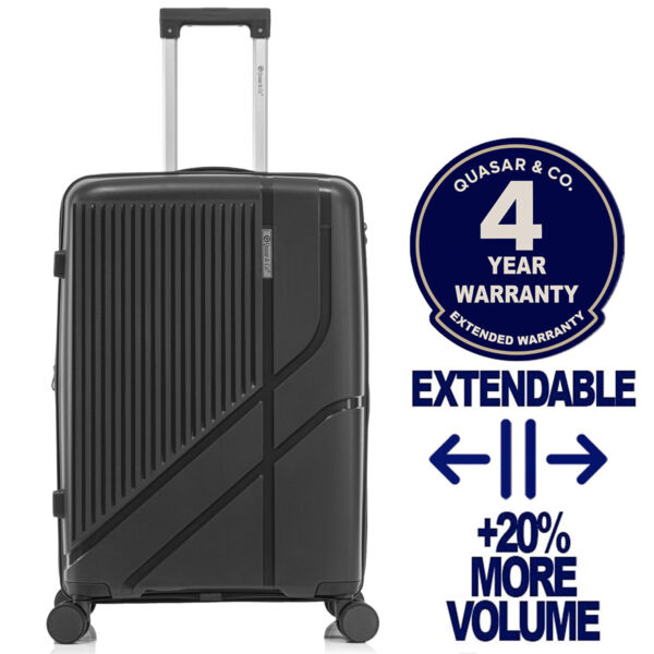 Troler mediu extensibil Quasar & Co.®, 66x43x27-31cm, bagaj de cala, troller cu cifru, valiza cu fermoar antifurt, maner telescopic lung, geamantan cu 4 roti duble silentioase 360°, PP, rezistent, 2 compartimente cu buzunar, AERO, negru Trolere medii 2026-04-18 2
