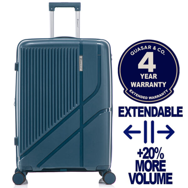 Troler mare extensibil Quasar & Co.®, 76x47x32-35cm, bagaj de cala, troller cu cifru, valiza cu fermoar antifurt, maner telescopic lung, geamantan cu 4 roti duble silentioase 360°, PP, rezistent, 2 compartimente cu buzunar, AERO, albastru petrol Trolere mari 2026-04-18 2