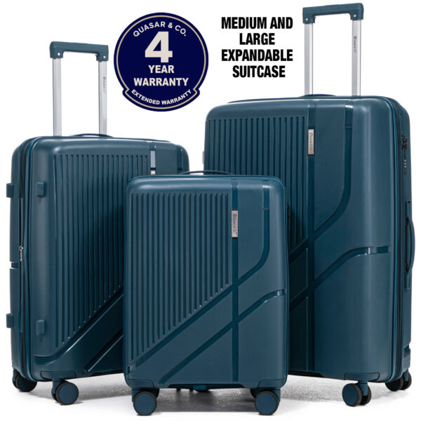 Set 3 trolere Quasar & Co.®, S/M/L, cabina/cala, valize cu fermoar antifurt, bagaje cu cifru, maner telescopic, geamantane cu 4 roti duble silentioase 360°, Mediu-Mare-extensibile, PP, cate 2 compartimente cu buzunar, AERO, albastru petrol Set 3 trolere 2026-04-18 2