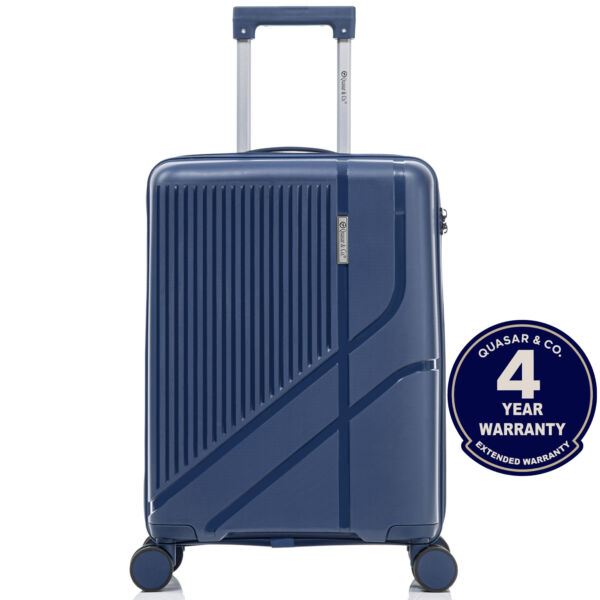Troler cabina avion Quasar & Co.®, 56x37x23cm, bagaj de mana, troller cu cifru, maner telescopic lung, geamantan cu 4 roti duble silentioase 360°, valiza PP, rezistent, 2 compartimente cu buzunar, 10kg, AERO, bleumarin