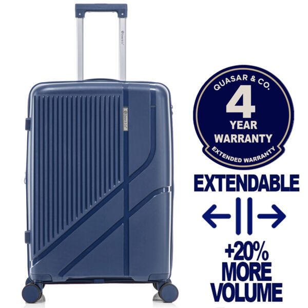 Troler mediu extensibil Quasar & Co.®, 66x43x27-31cm, bagaj de cala, troller cu cifru, valiza cu fermoar antifurt, maner telescopic lung, geamantan cu 4 roti duble silentioase 360°, PP, rezistent, 2 compartimente cu buzunar, AERO, bleumarin Trolere medii 2026-04-18 2