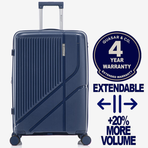 Troler mare extensibil Quasar & Co.®, 76x47x32-35cm, bagaj de cala, troller cu cifru, valiza cu fermoar antifurt, maner telescopic lung, geamantan cu 4 roti duble silentioase 360°, PP, rezistent, 2 compartimente cu buzunar, AERO, bleumarin Trolere mari 2026-04-18 2