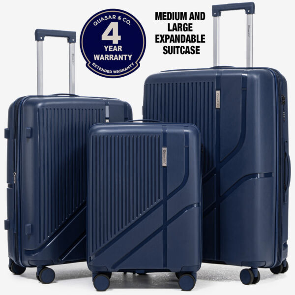 Set 3 trolere Quasar & Co.®, S/M/L, cabina/cala, valize cu fermoar antifurt, bagaje cu cifru, maner telescopic, geamantane cu 4 roti duble silentioase 360°, Mediu-Mare-extensibile, PP, cate 2 compartimente cu buzunar, AERO, bleumarin Set 3 trolere 2026-04-18 2