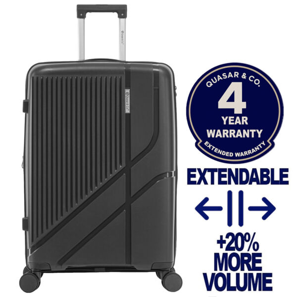 Troler mare extensibil Quasar & Co.®, 76x47x32-35cm, bagaj de cala, troller cu cifru, valiza cu fermoar antifurt, maner telescopic lung, geamantan cu 4 roti duble silentioase 360°, PP, rezistent, 2 compartimente cu buzunar, AERO, negru Trolere mari 2026-04-18 2