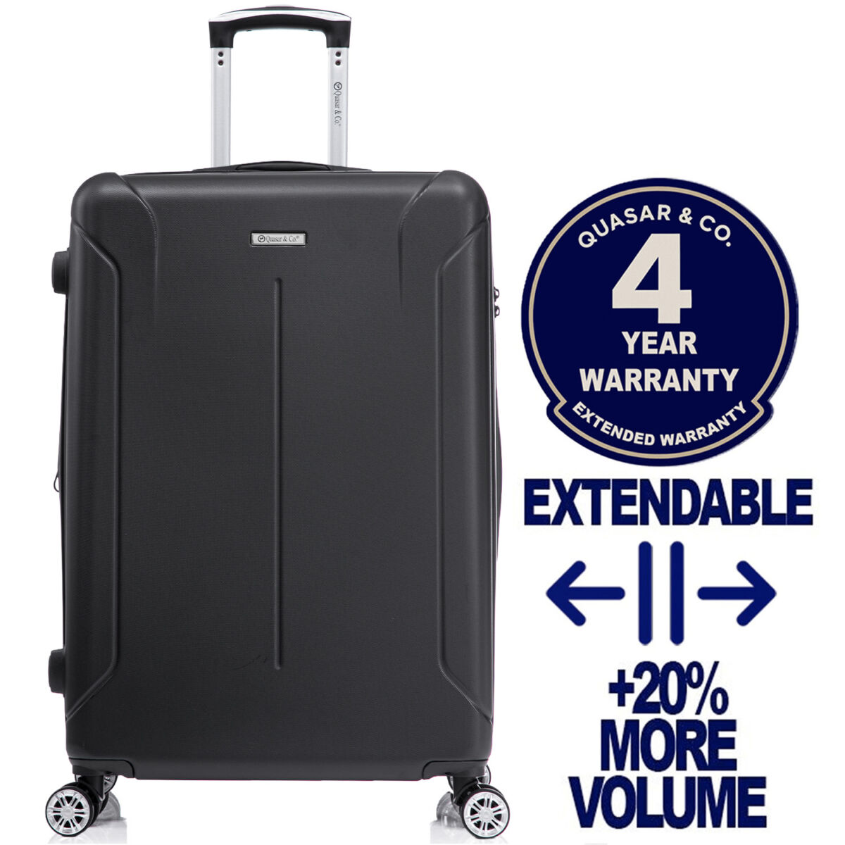 1_EN Troler mare extensibil Quasar & Co.®, 76.5x51x32-37cm, bagaj de cala, troller avion cu fermoar antifurt, cifru, maner telescopic, geamantan cu 4 roti duble silentioase 360°, valiza ABS 3 mm, 2 compartimente cu buzunar, SMART, negru