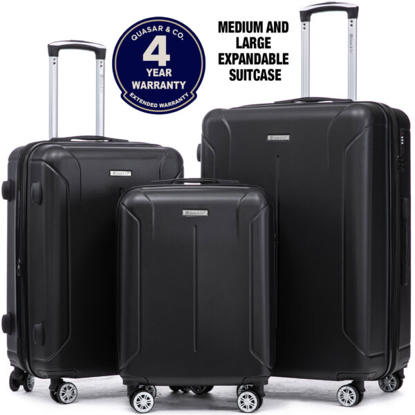 Set 3 trolere Quasar & Co.®, S/M/L, valize cu fermoar antifurt, bagaje cu cifru, maner telescopic, geamantane cu 4 roti duble silentioase 360°, ABS 2.8 mm extradur, captuseala buretata, cate 2 compartimente cu buzunar, SMART, negru Set 3 trolere 2026-04-18 2