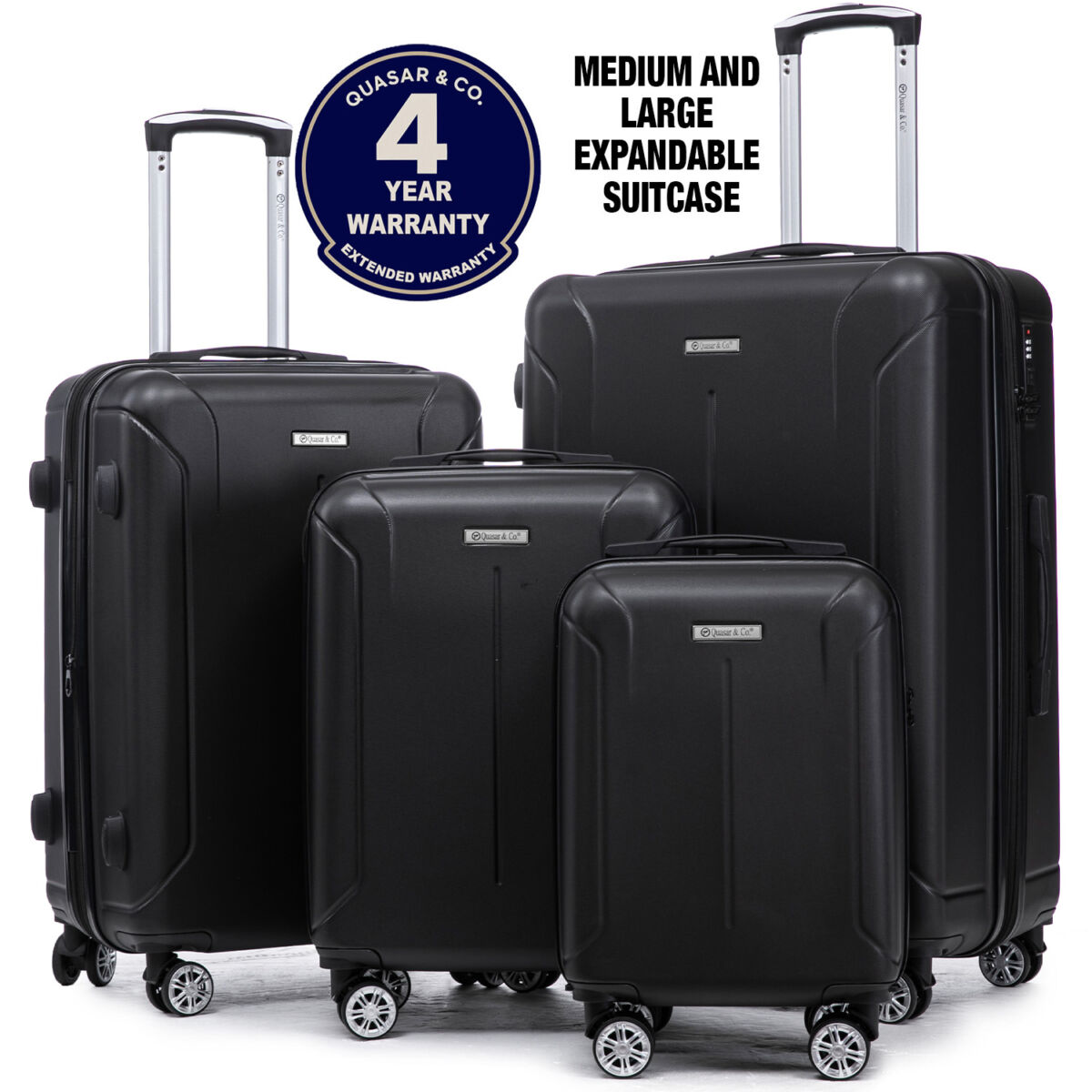 1_EN Set 4 trolere Quasar & Co.®, XS/S/M/L, valize cu fermoar antifurt, bagaje mana/cala, cu cifru, maner telescopic, geamantane cu 4 roti duble silentioase 360°, ABS, cate 2 compartimente cu buzunar, SMART, negru