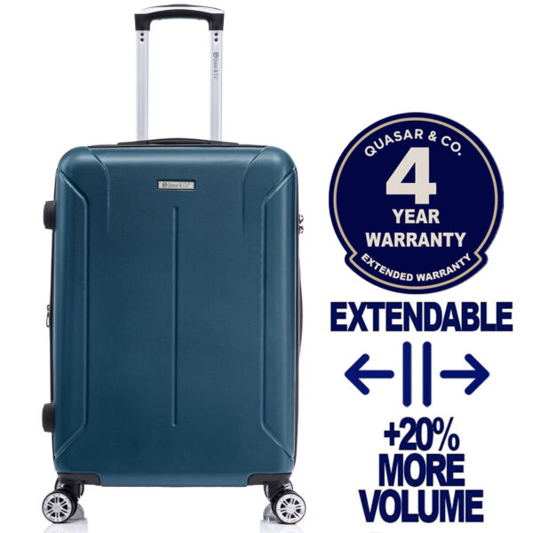 Troler mediu extensibil Quasar & Co.®, 66.5x45x28-33cm, bagaj de cala, troller avion cu fermoar antifurt, cifru, maner telescopic, geamantan cu 4 roti duble silentioase 360°, valiza ABS 2.8 mm, 2 compartimente cu buzunar, SMART, albastru petrol Trolere medii 2026-04-18 2