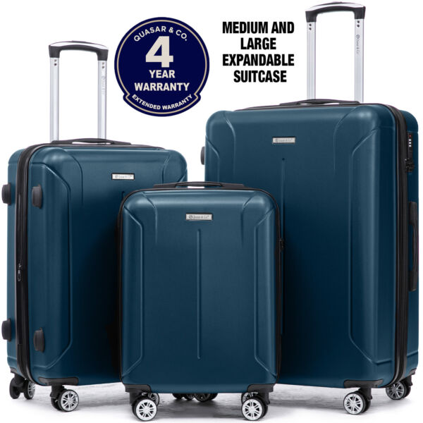 Set 3 trolere Quasar & Co.®, S/M/L, valize cu fermoar antifurt, bagaje cu cifru, maner telescopic, geamantane cu 4 roti duble silentioase 360°, ABS 2.8 mm extradur, captuseala buretata, cate 2 compartimente cu buzunar, SMART, albastru petrol Set 3 trolere 2026-04-18 2