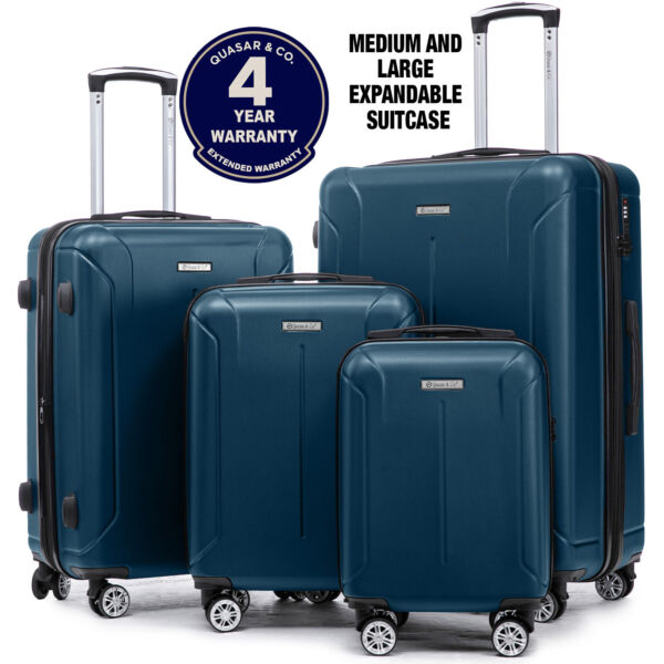 Set 4 trolere Quasar & Co.®, XS/S/M/L, valize cu fermoar antifurt, bagaje mana/cala, cu cifru, maner telescopic, geamantane cu 4 roti duble silentioase 360°, ABS, cate 2 compartimente cu buzunar, SMART, albastru petrol Set 4 trolere 2026-04-18 2