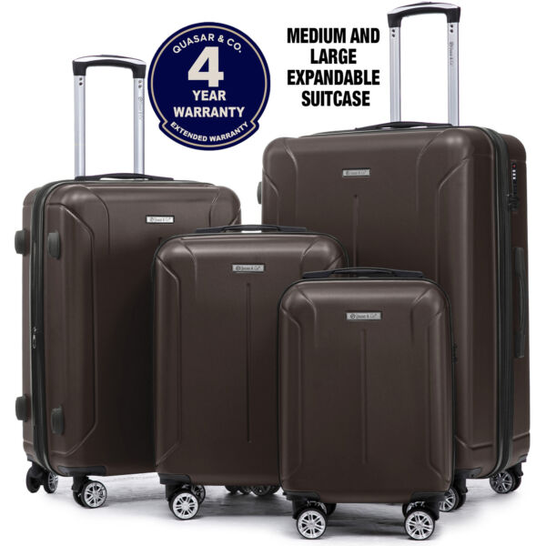 Set 4 trolere Quasar & Co.®, XS/S/M/L, valize cu fermoar antifurt, bagaje mana/cala, cu cifru, maner telescopic, geamantane cu 4 roti duble silentioase 360°, ABS, cate 2 compartimente cu buzunar, SMART, dark coffee Set 4 trolere 2026-04-18 2
