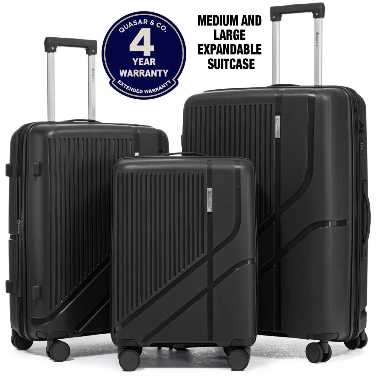 Set 3 trolere Quasar & Co.®, S/M/L, cabina/cala, valize cu fermoar antifurt, bagaje cu cifru, maner telescopic, geamantane cu 4 roti duble silentioase 360°, Mediu-Mare-extensibile, PP, cate 2 compartimente cu buzunar, AERO, negru