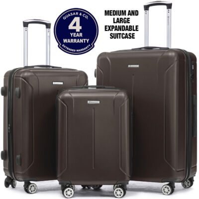 Set 3 trolere Quasar & Co.®, S/M/L, valize cu fermoar antifurt, bagaje cu cifru, maner telescopic, geamantane cu 4 roti duble silentioase 360°, ABS 2.8 mm extradur, captuseala buretata, cate 2 compartimente cu buzunar, SMART, dark coffee 12