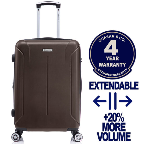 Troler mediu extensibil Quasar & Co.®, 66.5x45x28-33cm, bagaj de cala, troller avion cu fermoar antifurt, cifru, maner telescopic, geamantan cu 4 roti duble silentioase 360°, valiza ABS 2.8 mm, 2 compartimente cu buzunar, SMART, dark coffee Trolere medii 2026-04-18 2