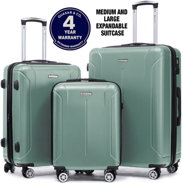 Set 3 trolere Quasar & Co.®, S/M/L, valize cu fermoar antifurt, bagaje cu cifru, maner telescopic, geamantane cu 4 roti duble silentioase 360°, ABS 2.8 mm extradur, captuseala buretata, cate 2 compartimente cu buzunar, SMART, turcoaz deschis Set 3 trolere 2026-04-18 2