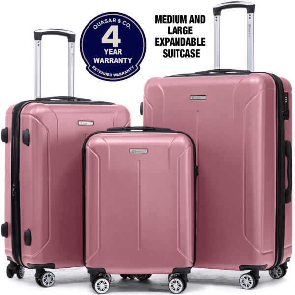 Set 3 trolere Quasar & Co.®, S/M/L, valize cu fermoar antifurt, bagaje cu cifru, maner telescopic, geamantane cu 4 roti duble silentioase 360°, ABS 2.8 mm extradur, captuseala buretata, cate 2 compartimente cu buzunar, SMART, roz pudrat Set 3 trolere 2026-04-18 2