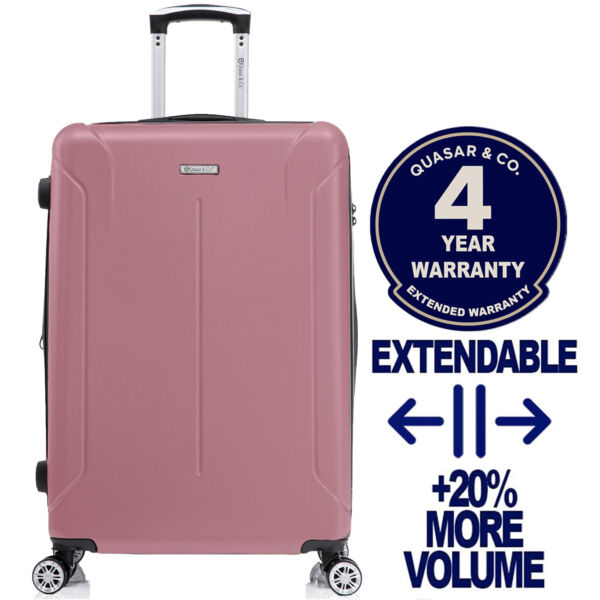 Troler mare extensibil Quasar & Co.®, 76,5x51x32-37cm, bagaj de cala, troller avion cu fermoar antifurt, cifru, maner telescopic, geamantan cu 4 roti duble silentioase 360°, valiza ABS 3 mm, 2 compartimente cu buzunar, SMART, roz pudrat Trolere mari 2026-04-18 2