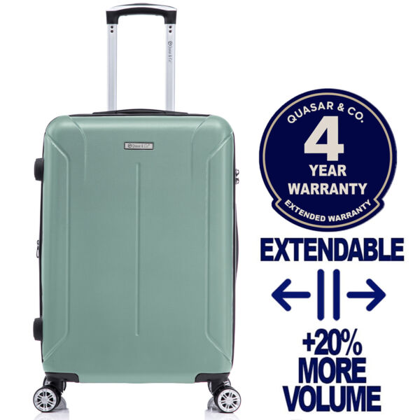 Troler mediu extensibil Quasar & Co.®, 66.5x45x28-33cm, bagaj de cala, troller avion cu fermoar antifurt, cifru, maner telescopic, geamantan cu 4 roti duble silentioase 360°, valiza ABS 2.8 mm, 2 compartimente cu buzunar, SMART, turcoaz deschis Trolere medii 2026-04-18 2