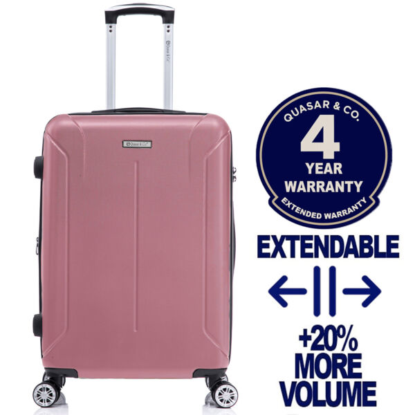 Troler mediu extensibil Quasar & Co.®, 66.5x45x28-33cm, bagaj de cala, troller avion cu fermoar antifurt, cifru, maner telescopic, geamantan cu 4 roti duble silentioase 360°, valiza ABS 2.8 mm, 2 compartimente cu buzunar, SMART, roz pudrat Trolere medii 2026-04-18 2