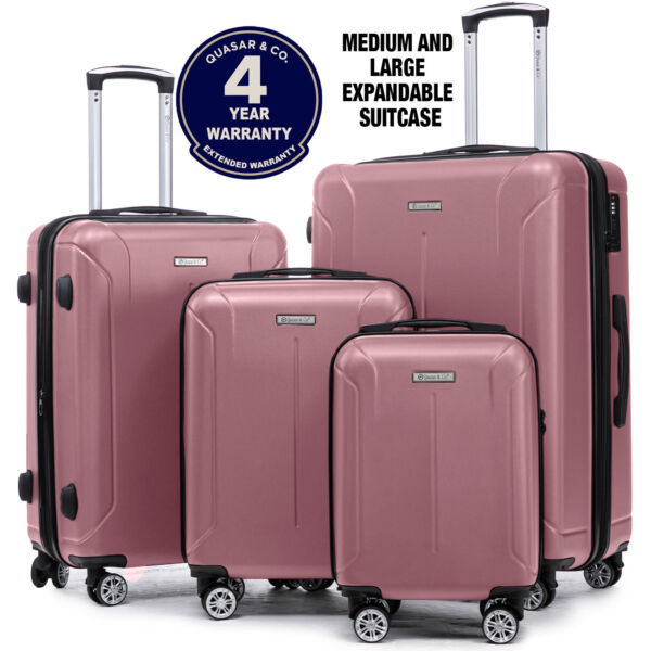 Set 4 trolere Quasar & Co.®, XS/S/M/L, valize cu fermoar antifurt, bagaje mana/cala, cu cifru, maner telescopic, geamantane cu 4 roti duble silentioase 360°, ABS, cate 2 compartimente cu buzunar, SMART, roz pudrat Set 4 trolere 2026-04-18 2