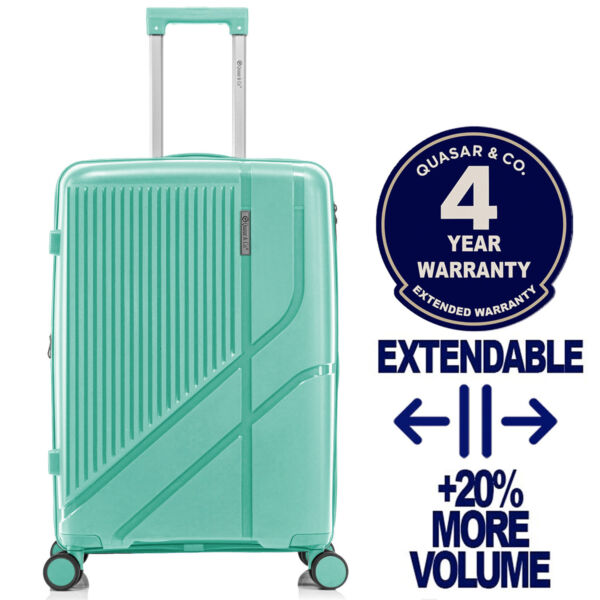 Troler mediu extensibil Quasar & Co.®, 66x43x27-31cm, bagaj de cala, troller cu cifru, valiza cu fermoar antifurt, maner telescopic lung, geamantan cu 4 roti duble silentioase 360°, PP, rezistent, 2 compartimente cu buzunar, AERO, verde Trolere medii 2026-04-18 2