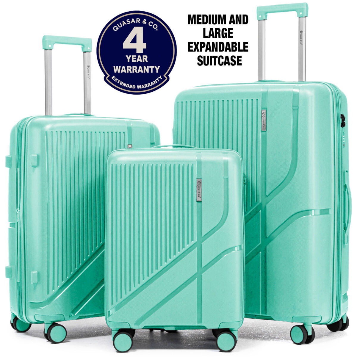 1_EN Set 3 trolere Quasar & Co.®, S/M/L, cabina/cala, valize cu fermoar antifurt, bagaje cu cifru, maner telescopic, geamantane cu 4 roti duble silentioase 360°, Mediu-Mare-extensibile, PP, cate 2 compartimente cu buzunar, AERO, verde