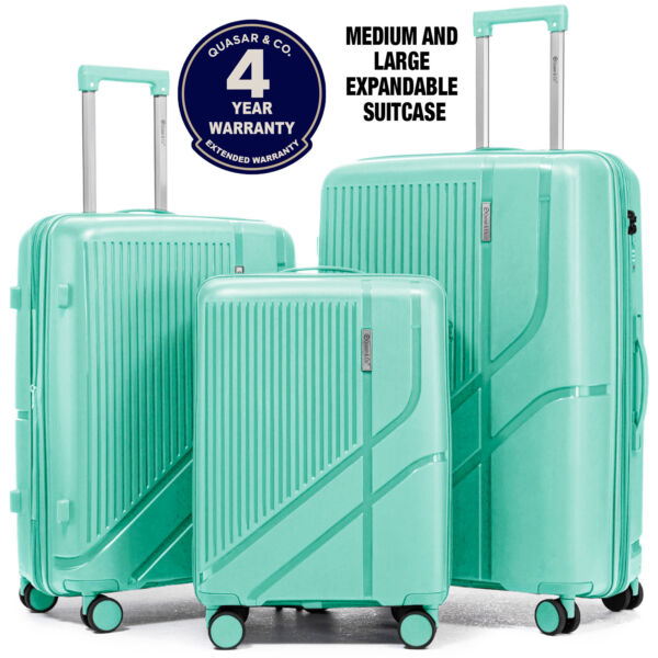 Set 3 trolere Quasar & Co.®, S/M/L, cabina/cala, valize cu fermoar antifurt, bagaje cu cifru, maner telescopic, geamantane cu 4 roti duble silentioase 360°, Mediu-Mare-extensibile, PP, cate 2 compartimente cu buzunar, AERO, verde Set 3 trolere 2026-04-18 2