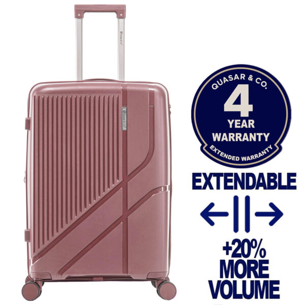 Troler mediu extensibil Quasar & Co.®, 66x43x27-31cm, bagaj de cala, troller cu cifru, valiza cu fermoar antifurt, maner telescopic lung, geamantan cu 4 roti duble silentioase 360°, PP, rezistent, 2 compartimente cu buzunar, AERO, roz pudrat Trolere medii 2026-04-18 2