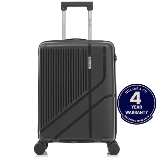 Troler cabina avion Quasar & Co.®, 56x37x23cm, bagaj de mana, troller cu cifru, maner telescopic lung, geamantan cu 4 roti duble silentioase 360°, valiza PP, rezistent, 2 compartimente cu buzunar, 10kg, AERO, negru