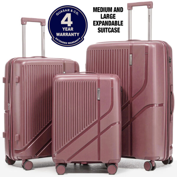 Set 3 trolere Quasar & Co.®, S/M/L, cabina/cala, valize cu fermoar antifurt, bagaje cu cifru, maner telescopic, geamantane cu 4 roti duble silentioase 360°, Mediu-Mare-extensibile, PP, cate 2 compartimente cu buzunar, AERO, roz pudrat Set 3 trolere 2026-04-18 2