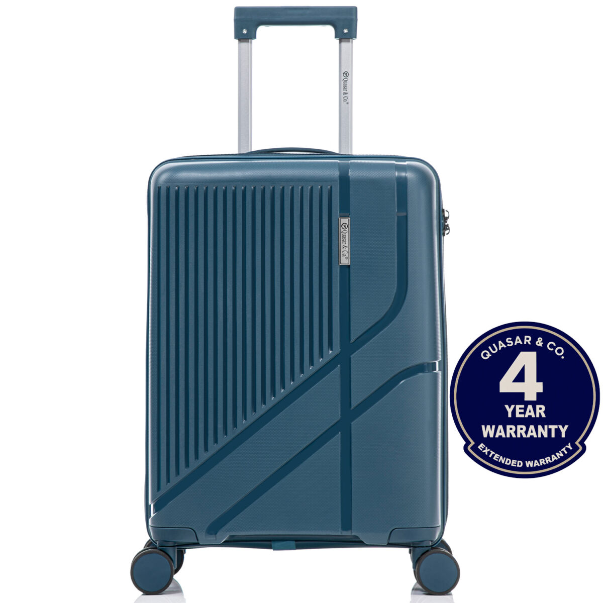 1_EN Troler cabina avion Quasar & Co.®, 56x37x23cm, bagaj de mana, troller cu cifru, maner telescopic lung, geamantan cu 4 roti duble silentioase 360°, valiza PP, rezistent, 2 compartimente cu buzunar, 10kg, AERO, albastru petrol