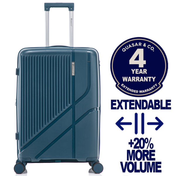 Troler mediu extensibil Quasar & Co.®, 66x43x27-31cm, bagaj de cala, troller cu cifru, valiza cu fermoar antifurt, maner telescopic lung, geamantan cu 4 roti duble silentioase 360°, PP, rezistent, 2 compartimente cu buzunar, AERO, albastru petrol Trolere medii 2026-04-18 2