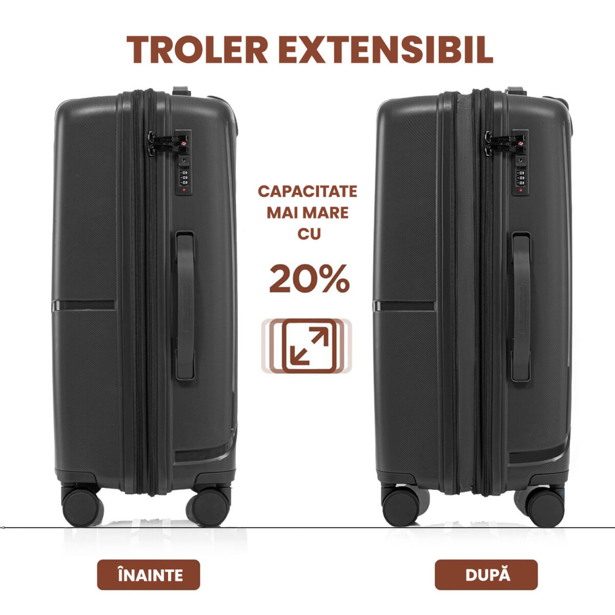 Set 3 trolere Quasar & Co.®, S/M/L, cabina/cala, valize cu fermoar antifurt, bagaje cu cifru, maner telescopic, geamantane cu 4 roti duble silentioase 360°, Mediu-Mare-extensibile, PP, cate 2 compartimente cu buzunar, AERO, negru 6