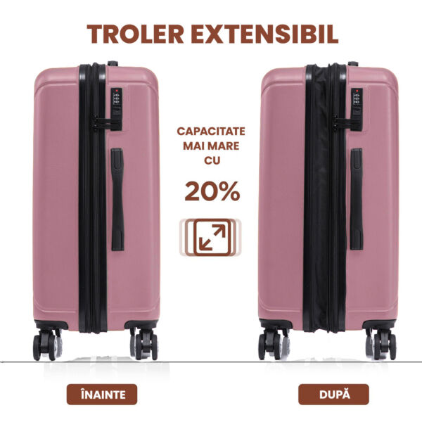 Set 4 trolere Quasar & Co.®, XS/S/M/L, valize cu fermoar antifurt, bagaje mana/cala, cu cifru, maner telescopic, geamantane cu 4 roti duble silentioase 360°, ABS, cate 2 compartimente cu buzunar, SMART, roz pudrat - imagine 6