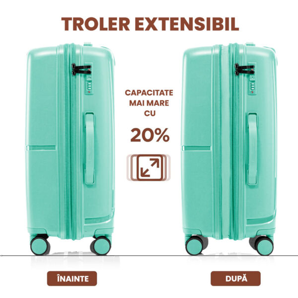 Set 3 trolere Quasar & Co.®, S/M/L, cabina/cala, valize cu fermoar antifurt, bagaje cu cifru, maner telescopic, geamantane cu 4 roti duble silentioase 360°, Mediu-Mare-extensibile, PP, cate 2 compartimente cu buzunar, AERO, verde - imagine 6