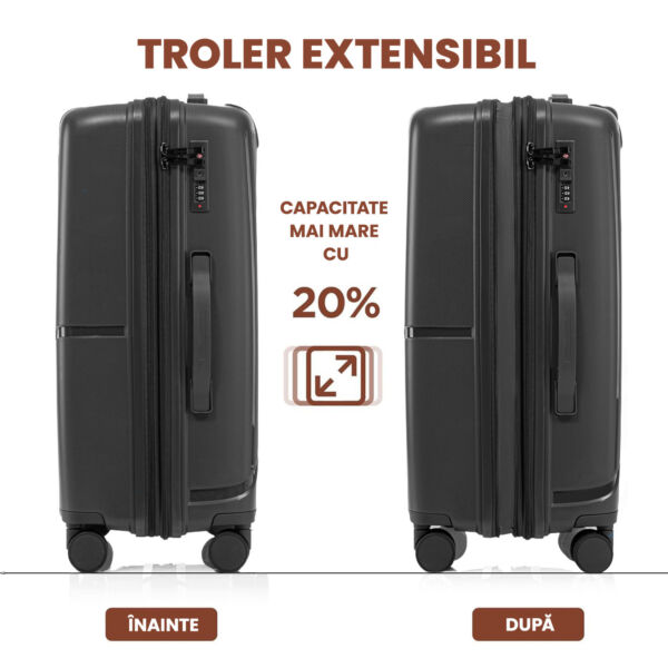 Set 3 trolere Quasar & Co.®, S/M/L, cabina/cala, valize cu fermoar antifurt, bagaje cu cifru, maner telescopic, geamantane cu 4 roti duble silentioase 360°, Mediu-Mare-extensibile, PP, cate 2 compartimente cu buzunar, AERO, negru - imagine 6