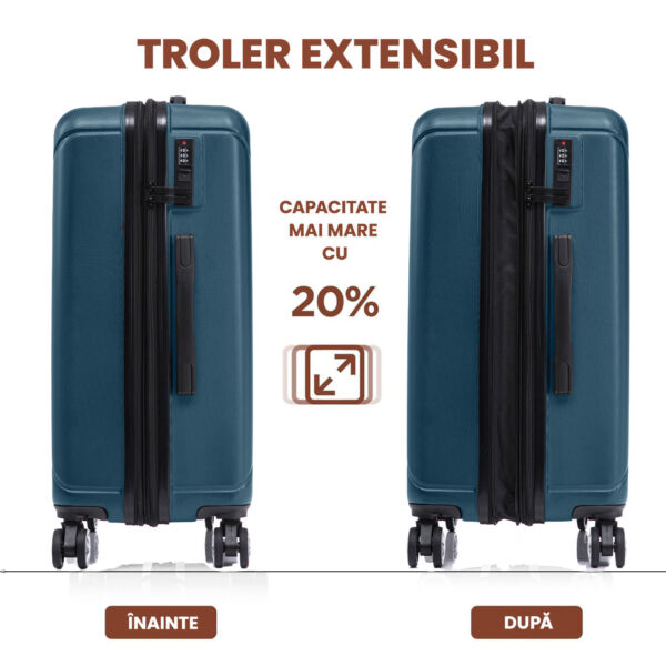 Set 4 trolere Quasar & Co.®, XS/S/M/L, valize cu fermoar antifurt, bagaje mana/cala, cu cifru, maner telescopic, geamantane cu 4 roti duble silentioase 360°, ABS, cate 2 compartimente cu buzunar, SMART, albastru petrol - imagine 6