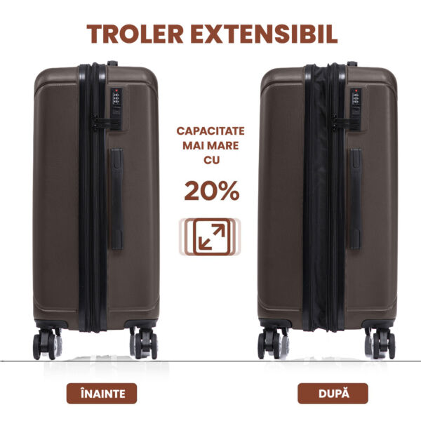 Set 3 trolere Quasar & Co.®, S/M/L, valize cu fermoar antifurt, bagaje cu cifru, maner telescopic, geamantane cu 4 roti duble silentioase 360°, ABS 2.8 mm extradur, captuseala buretata, cate 2 compartimente cu buzunar, SMART, dark coffee - imagine 7