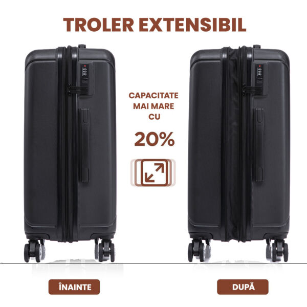 Set 4 trolere Quasar & Co.®, XS/S/M/L, valize cu fermoar antifurt, bagaje mana/cala, cu cifru, maner telescopic, geamantane cu 4 roti duble silentioase 360°, ABS, cate 2 compartimente cu buzunar, SMART, negru - imagine 7