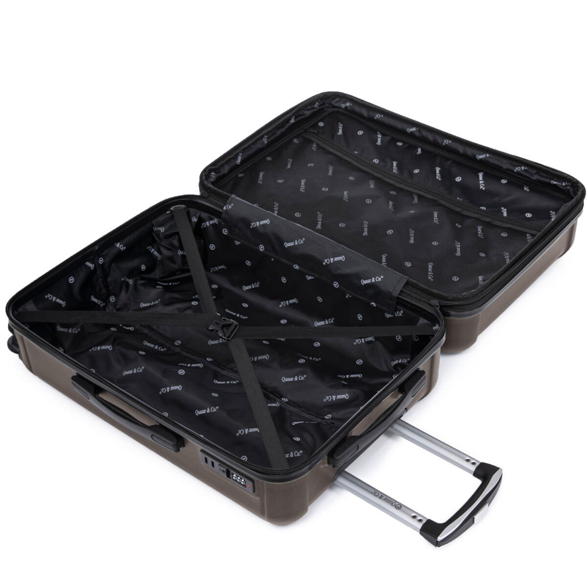 Set 3 trolere Quasar & Co.®, S/M/L, valize cu fermoar antifurt, bagaje cu cifru, maner telescopic, geamantane cu 4 roti duble silentioase 360°, ABS 2.8 mm extradur, captuseala buretata, cate 2 compartimente cu buzunar, SMART, dark coffee 10